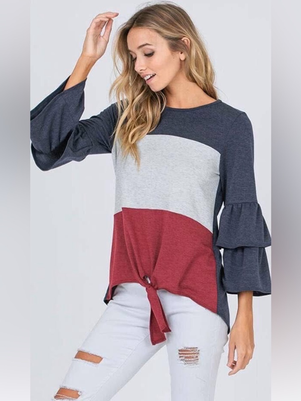 Colorblock Tie-Front Bell-Sleeve Tunic — Navy, Light Gray & Burgundy